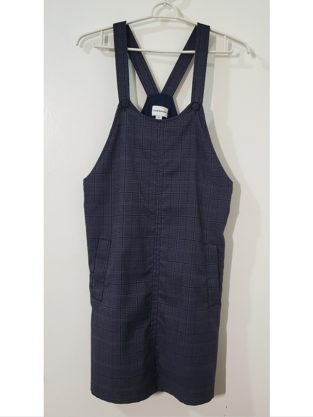 Frank & Oak Checked Navy Pinafore Romper with Cross-Back Straps